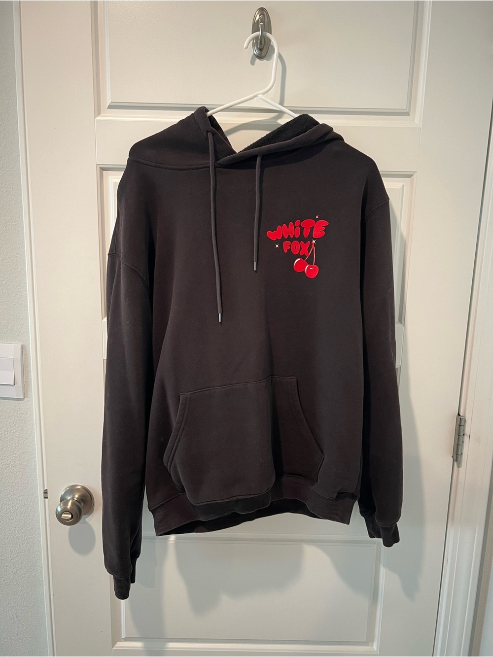 White Fox Boutique Black Crewneck Hoodie with Red Cherry Logo